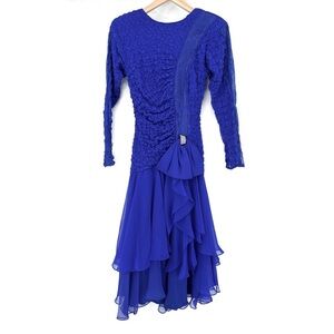 vintage 80s prom dress bow open back 1980s David Howard Climax Karen Okada blue